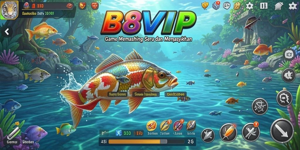 Tampilan gameplay B8VIP yang menonjolkan keindahan alam saat memancing.
