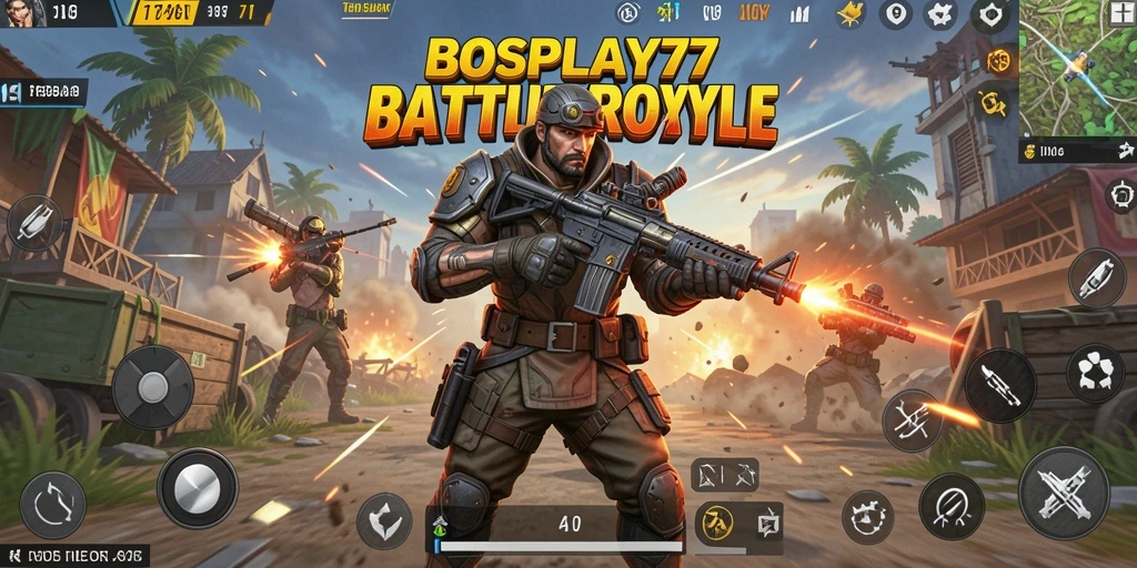 Tangkapan layar utama <strong>BOSPLAY77</strong> yang menunjukkan aksi pertempuran Battle Royale.