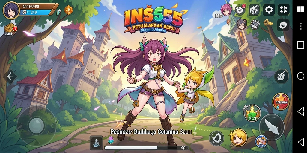 Screenshot gameplay INS55 menampilkan pertarungan karakter anime yang seru.