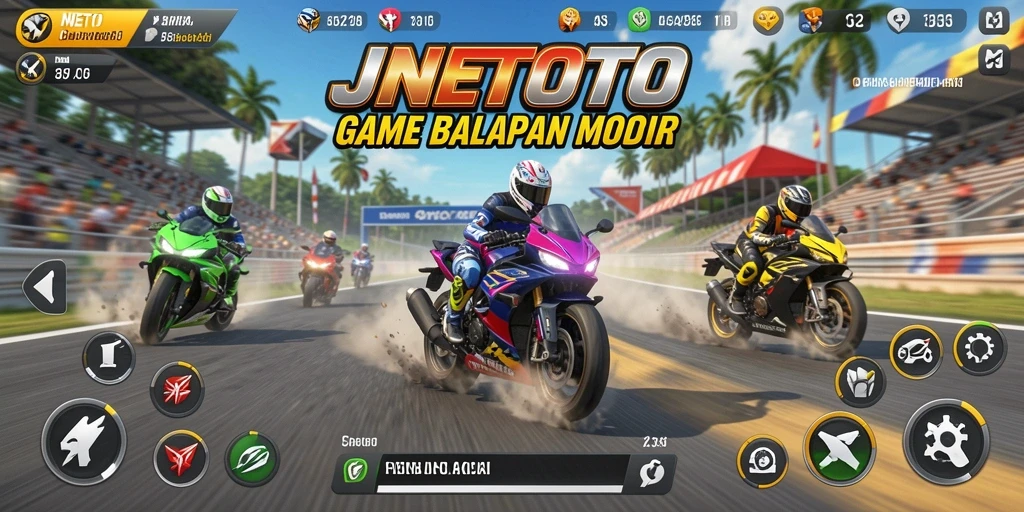 Screenshot gameplay JNETOTO menampilkan balapan motor yang intens dan seru.