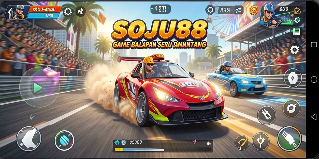 Tampilan gameplay seru di <strong>SOJU88</strong> dengan mobil balap yang memukau.